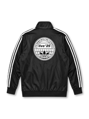 adidas x Oasis Firebird track top black front view with white three stripes, trefoil logo, and oasis wordmark patch
