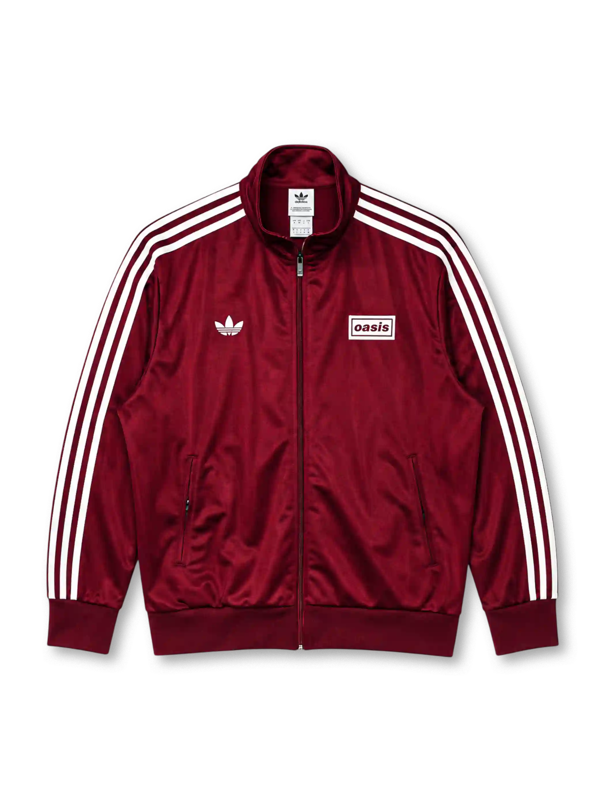 adidas x Oasis Firebird track top burgundy front view with white three stripes, trefoil logo, and oasis wordmark patch