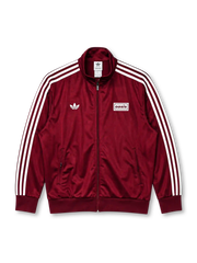 adidas x Oasis Firebird track top burgundy front view with white three stripes, trefoil logo, and oasis wordmark patch