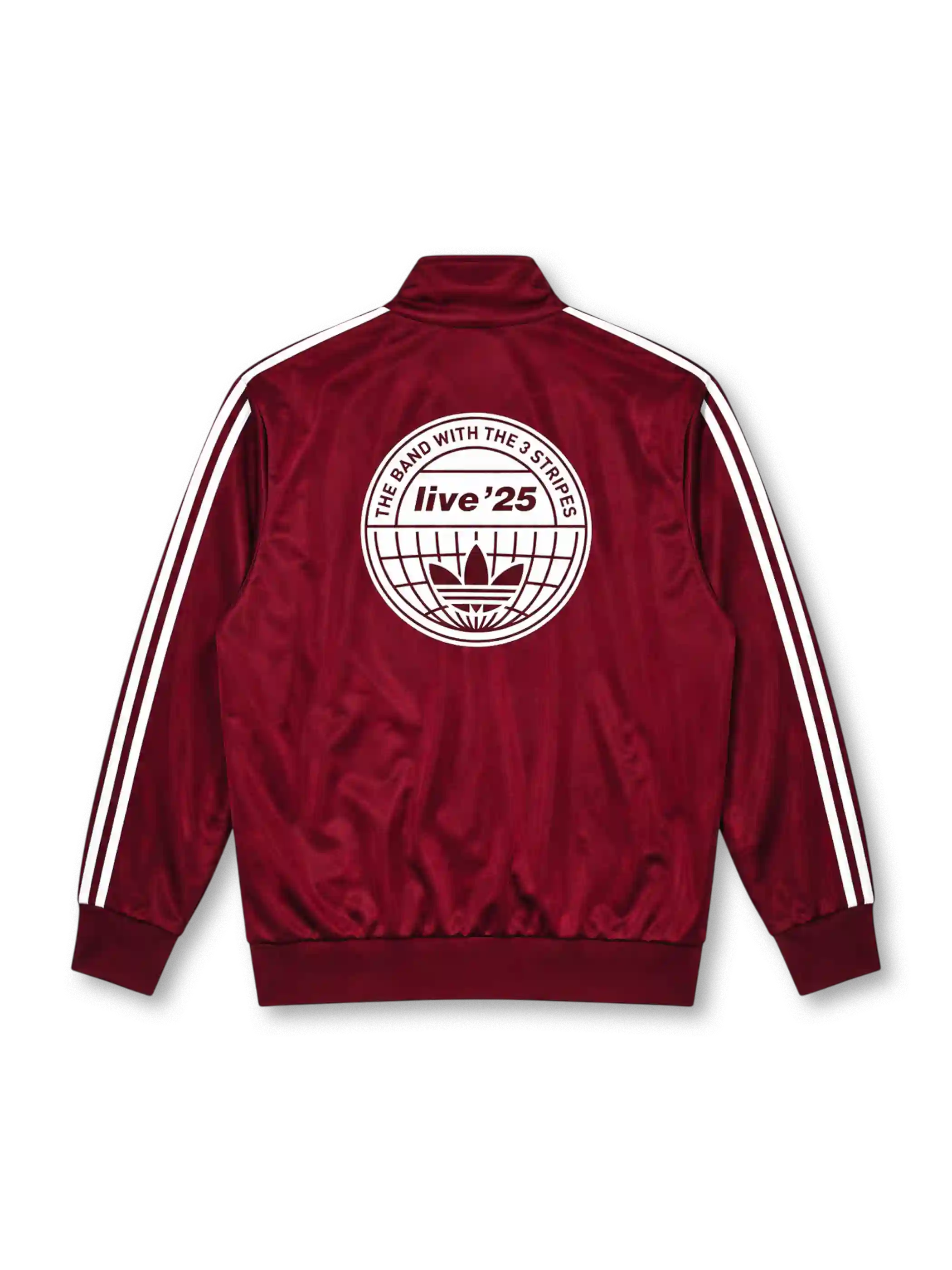 adidas x Oasis Firebird track top burgundy front view with white three stripes, trefoil logo, and oasis wordmark patch