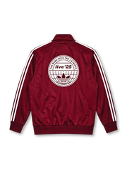 adidas x Oasis Firebird track top burgundy front view with white three stripes, trefoil logo, and oasis wordmark patch