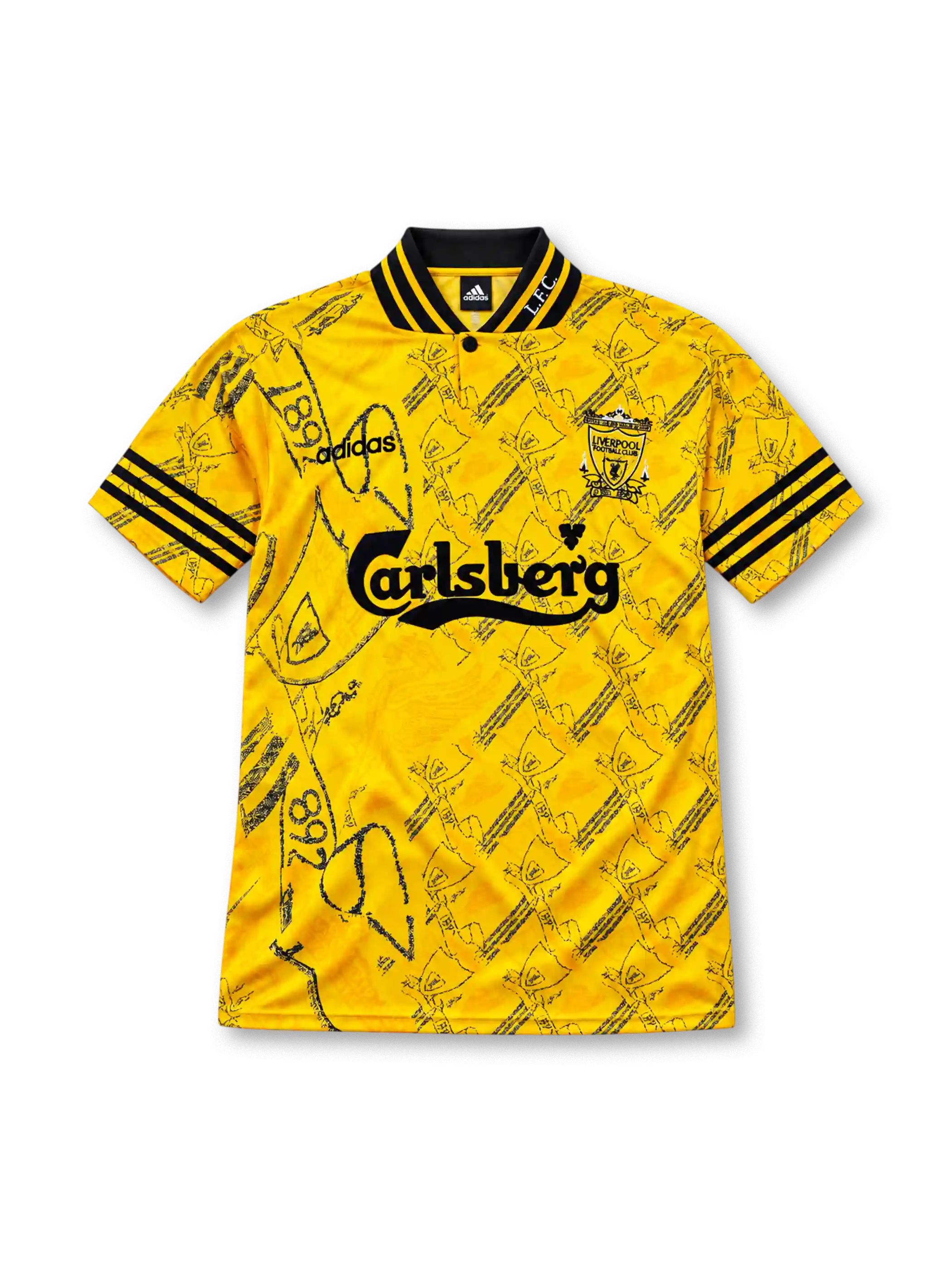 Liverpool 1994-96 third jersey, front view, yellow jacquard pattern with repeated crests, black and yellow striped collar, adidas three-stripe sleeve trim, Carlsberg sponsor logo, club crest