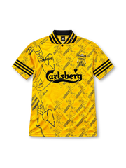Liverpool 1994-96 third jersey, front view, yellow jacquard pattern with repeated crests, black and yellow striped collar, adidas three-stripe sleeve trim, Carlsberg sponsor logo, club crest