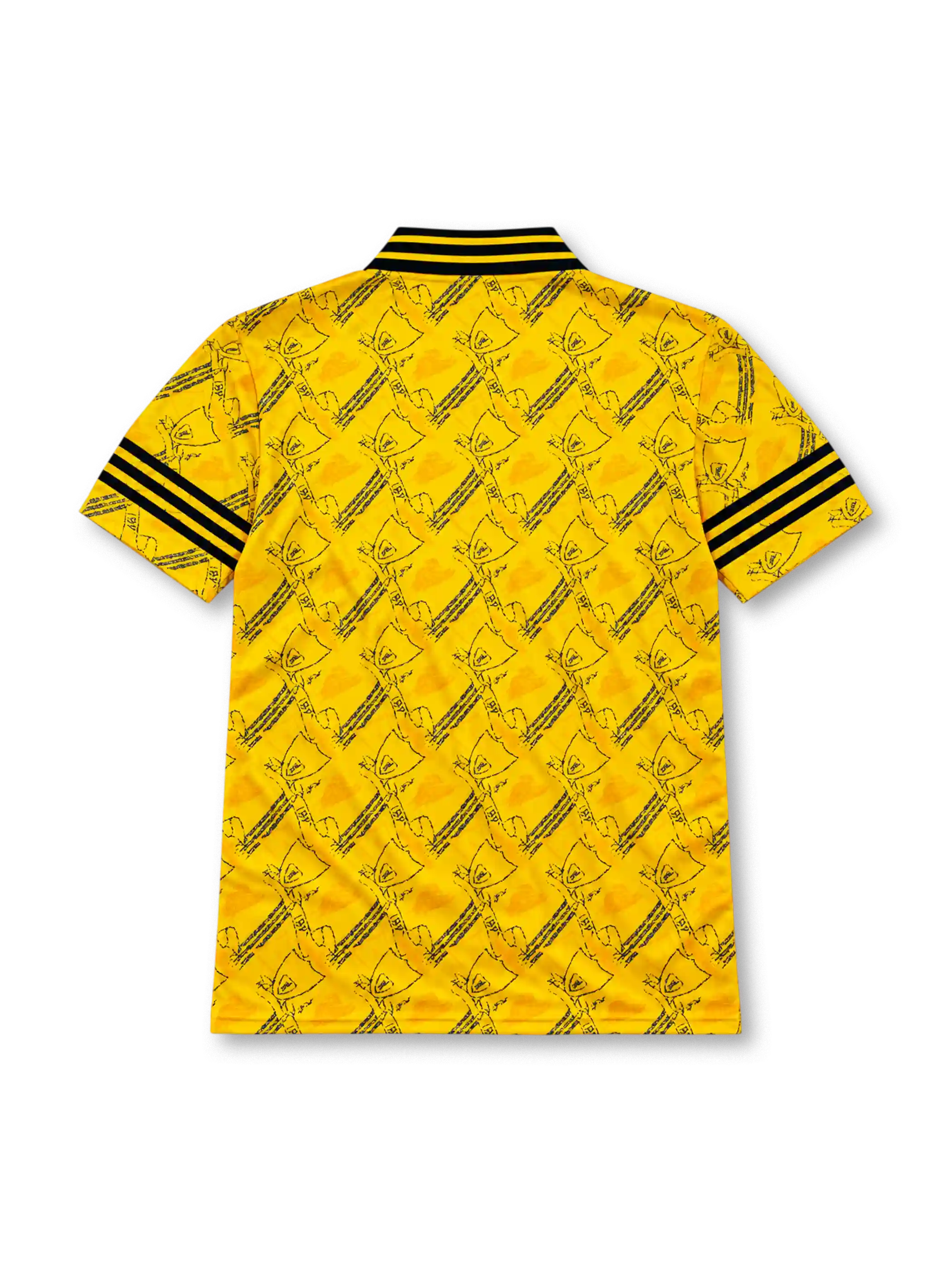 Liverpool 1994-96 third jersey, front view, yellow jacquard pattern with repeated crests, black and yellow striped collar, adidas three-stripe sleeve trim, Carlsberg sponsor logo, club crest