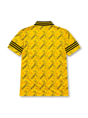 Liverpool 1994-96 third jersey, front view, yellow jacquard pattern with repeated crests, black and yellow striped collar, adidas three-stripe sleeve trim, Carlsberg sponsor logo, club crest