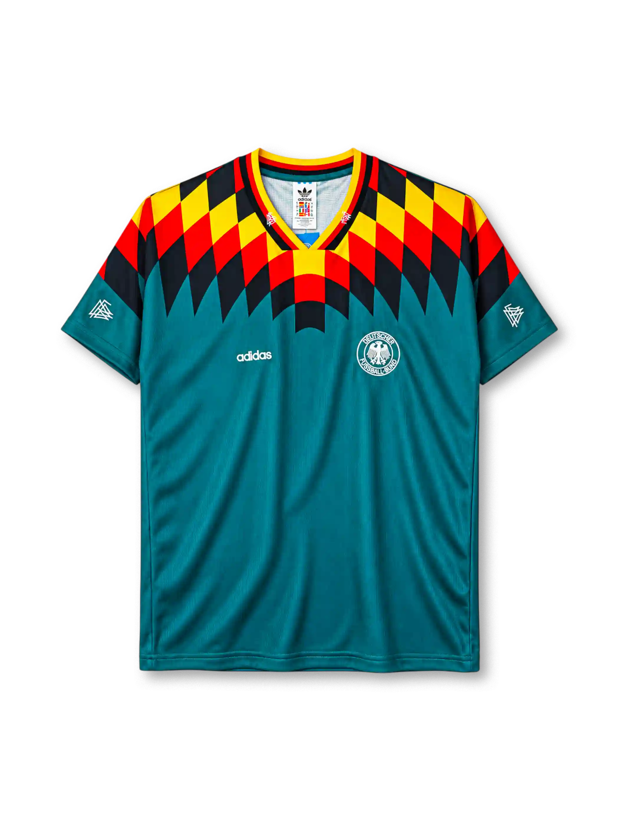 Germany 1994 World Cup away jersey, front view, teal body with black red and yellow diamond pattern, striped V-neck collar, adidas logo, DFB crest