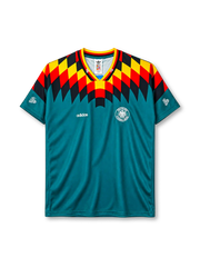 Germany 1994 World Cup away jersey, front view, teal body with black red and yellow diamond pattern, striped V-neck collar, adidas logo, DFB crest