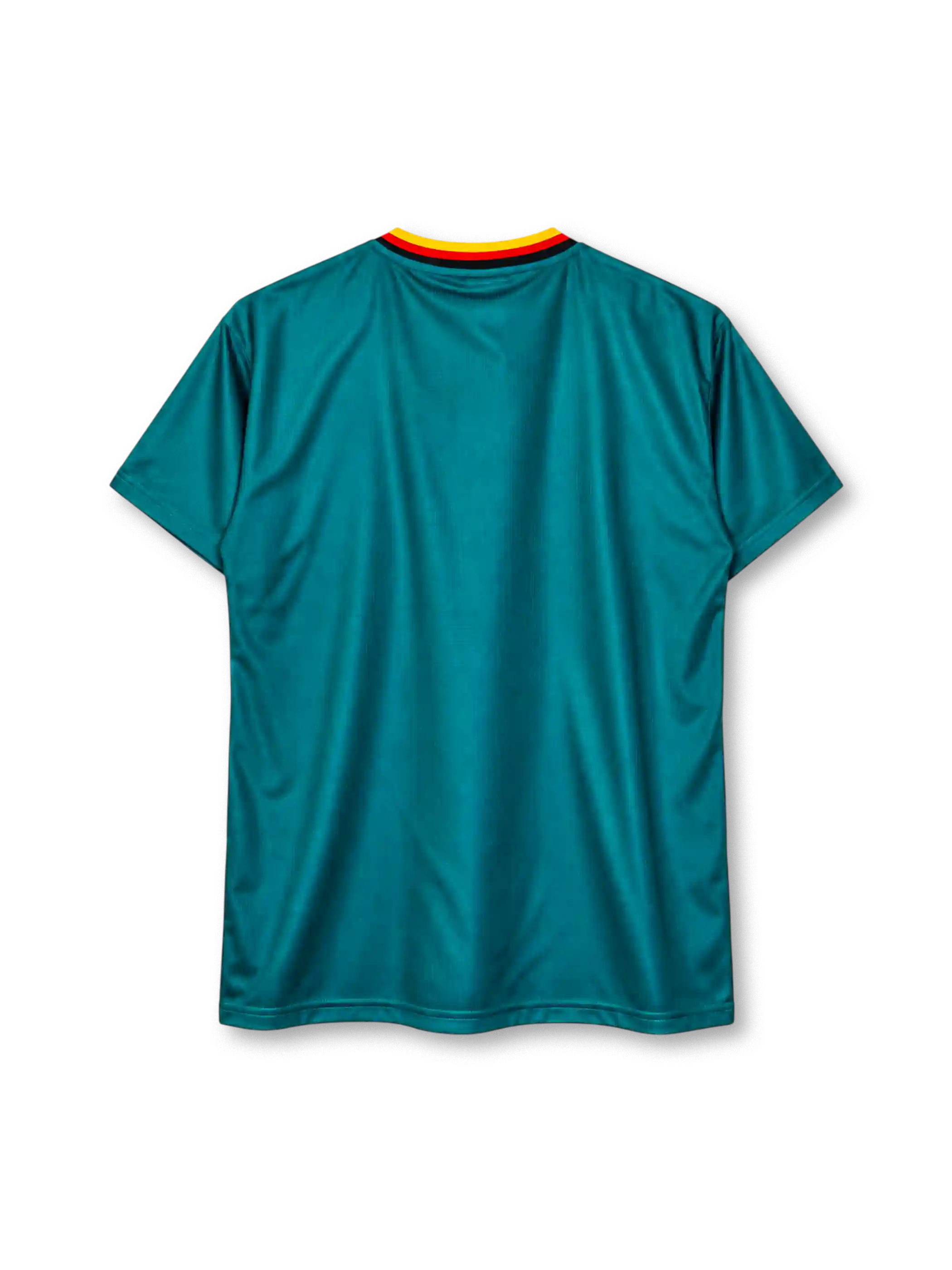 Germany 1994 World Cup away jersey, front view, teal body with black red and yellow diamond pattern, striped V-neck collar, adidas logo, DFB crest