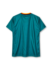 Germany 1994 World Cup away jersey, front view, teal body with black red and yellow diamond pattern, striped V-neck collar, adidas logo, DFB crest