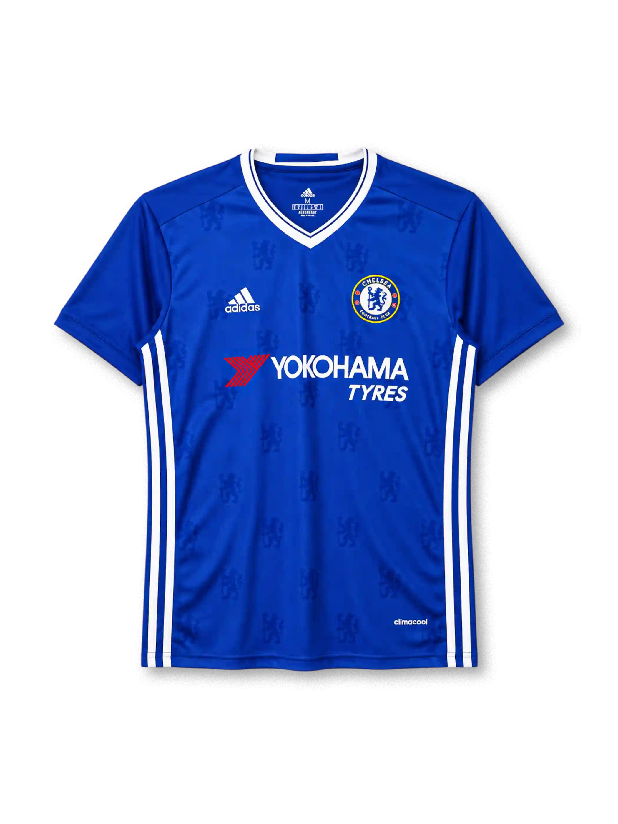Chelsea 2016-17 home jersey, front view, blue body with tonal lion crest jacquard pattern, white V-neck collar, adidas three stripes, Yokohama Tyres sponsor logo, club crest