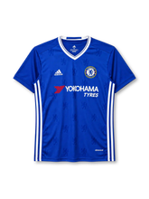 Chelsea 2016-17 home jersey, front view, blue body with tonal lion crest jacquard pattern, white V-neck collar, adidas three stripes, Yokohama Tyres sponsor logo, club crest