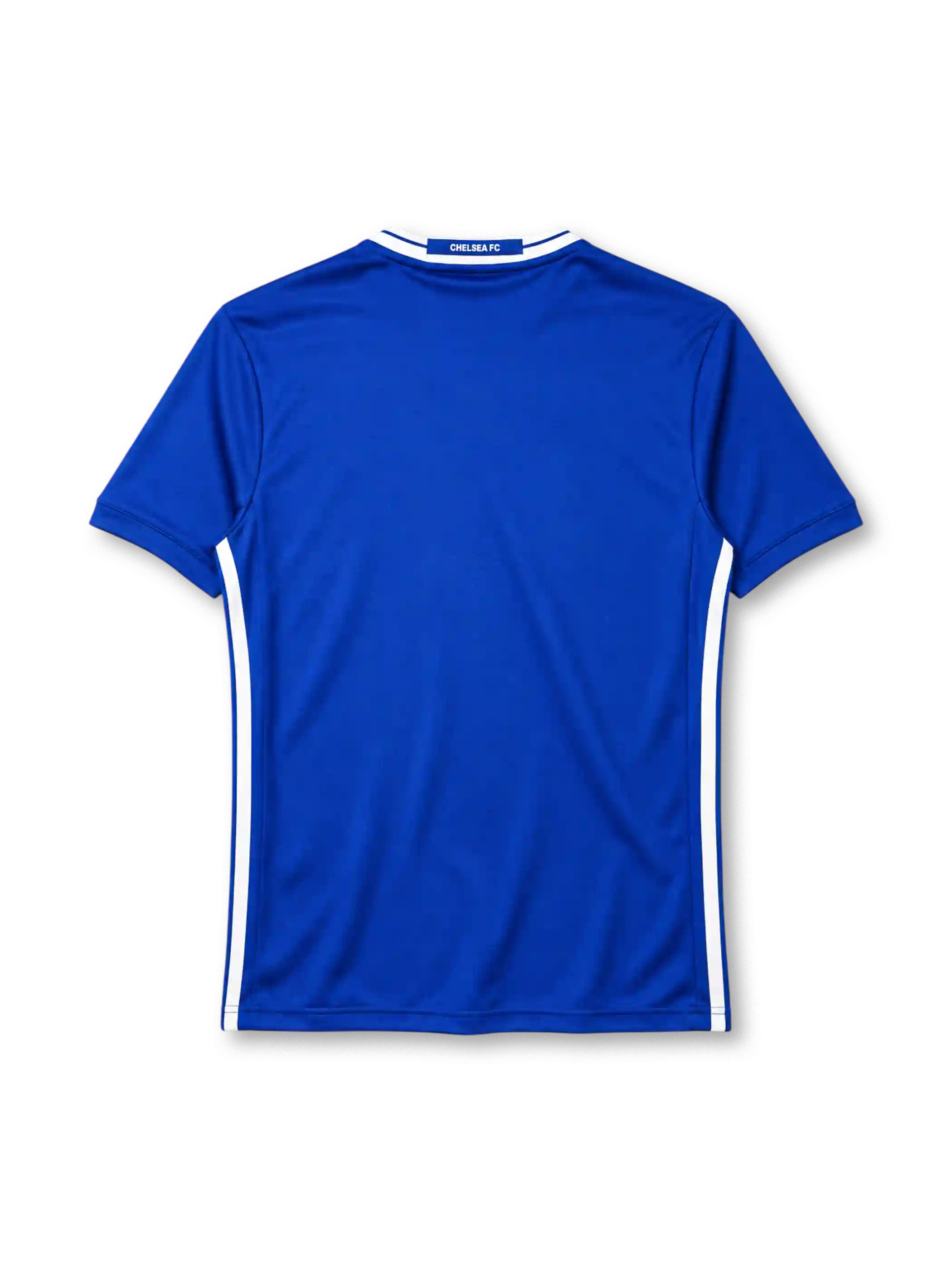 Chelsea 2016-17 home jersey, front view, blue body with tonal lion crest jacquard pattern, white V-neck collar, adidas three stripes, Yokohama Tyres sponsor logo, club crest