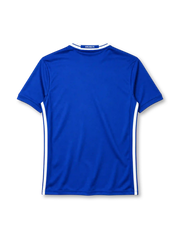 Chelsea 2016-17 home jersey, front view, blue body with tonal lion crest jacquard pattern, white V-neck collar, adidas three stripes, Yokohama Tyres sponsor logo, club crest