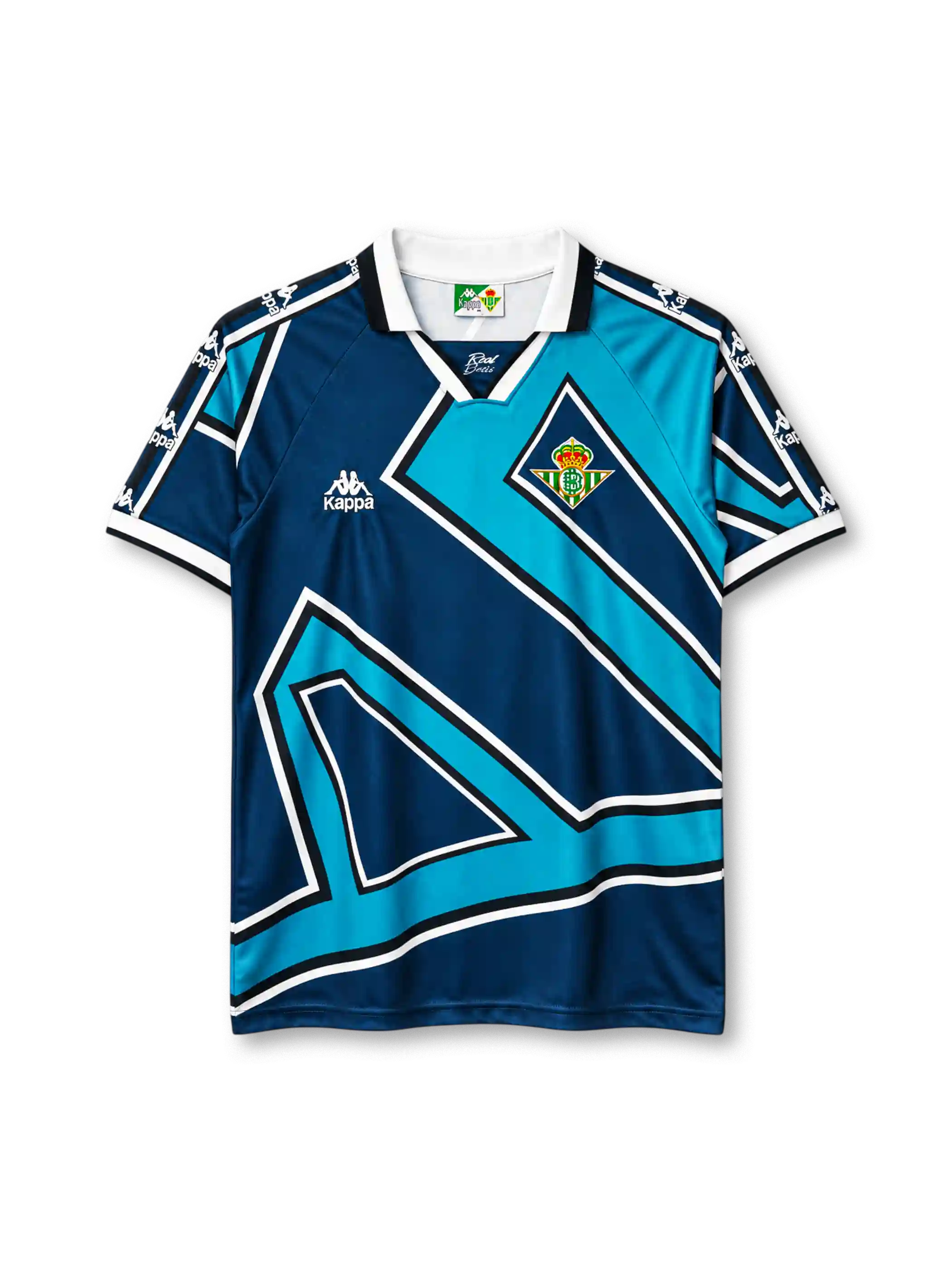 Real Betis 1995-97 away jersey, front view, navy and teal geometric pattern, white V-neck collar, Kappa logo and sleeve branding, club crest