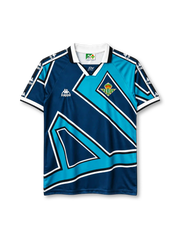 Real Betis 1995-97 away jersey, front view, navy and teal geometric pattern, white V-neck collar, Kappa logo and sleeve branding, club crest