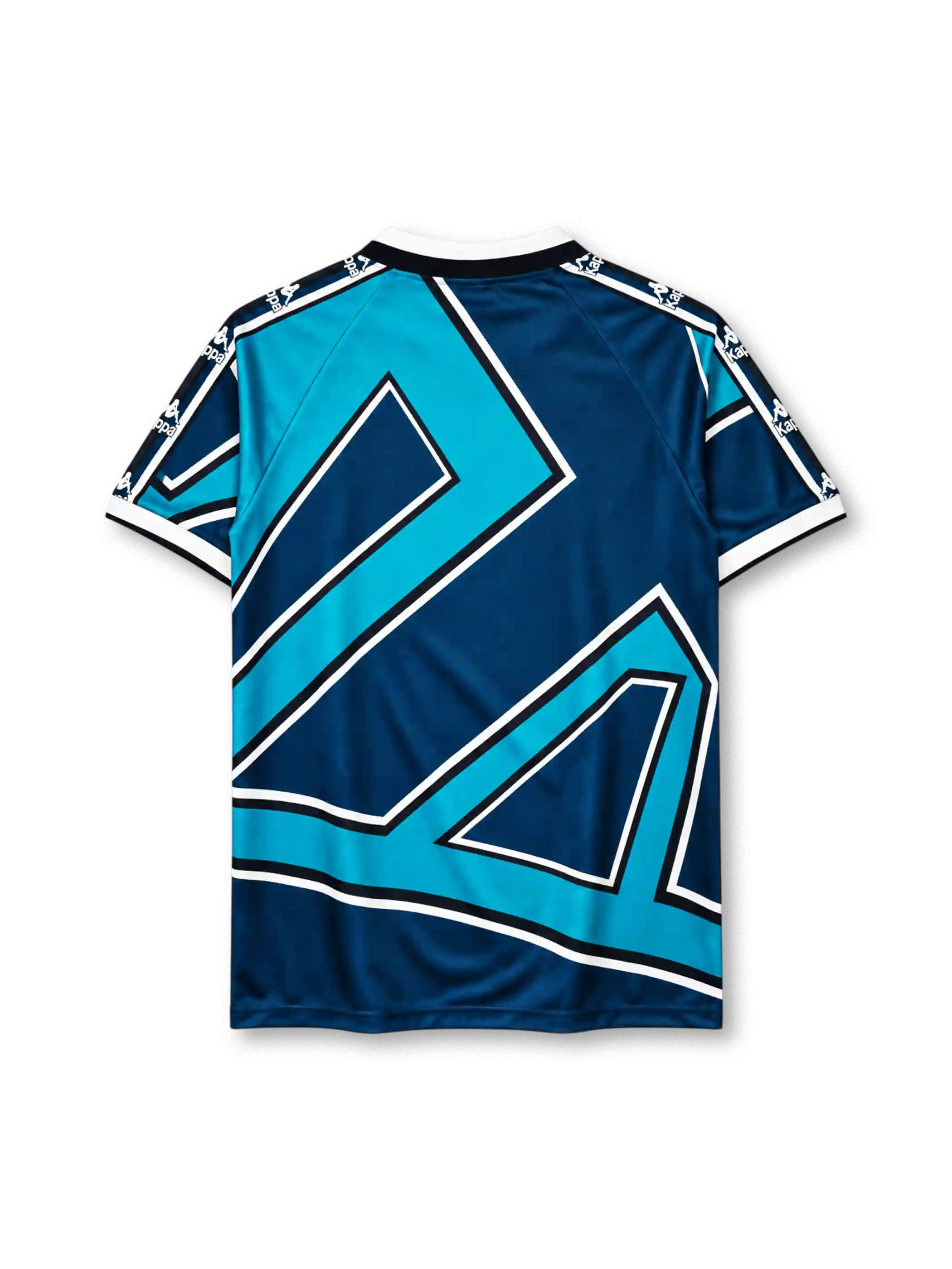 Real Betis 1995-97 away jersey, front view, navy and teal geometric pattern, white V-neck collar, Kappa logo and sleeve branding, club crest