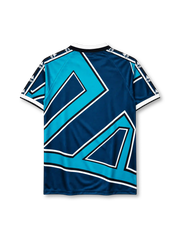 Real Betis 1995-97 away jersey, front view, navy and teal geometric pattern, white V-neck collar, Kappa logo and sleeve branding, club crest