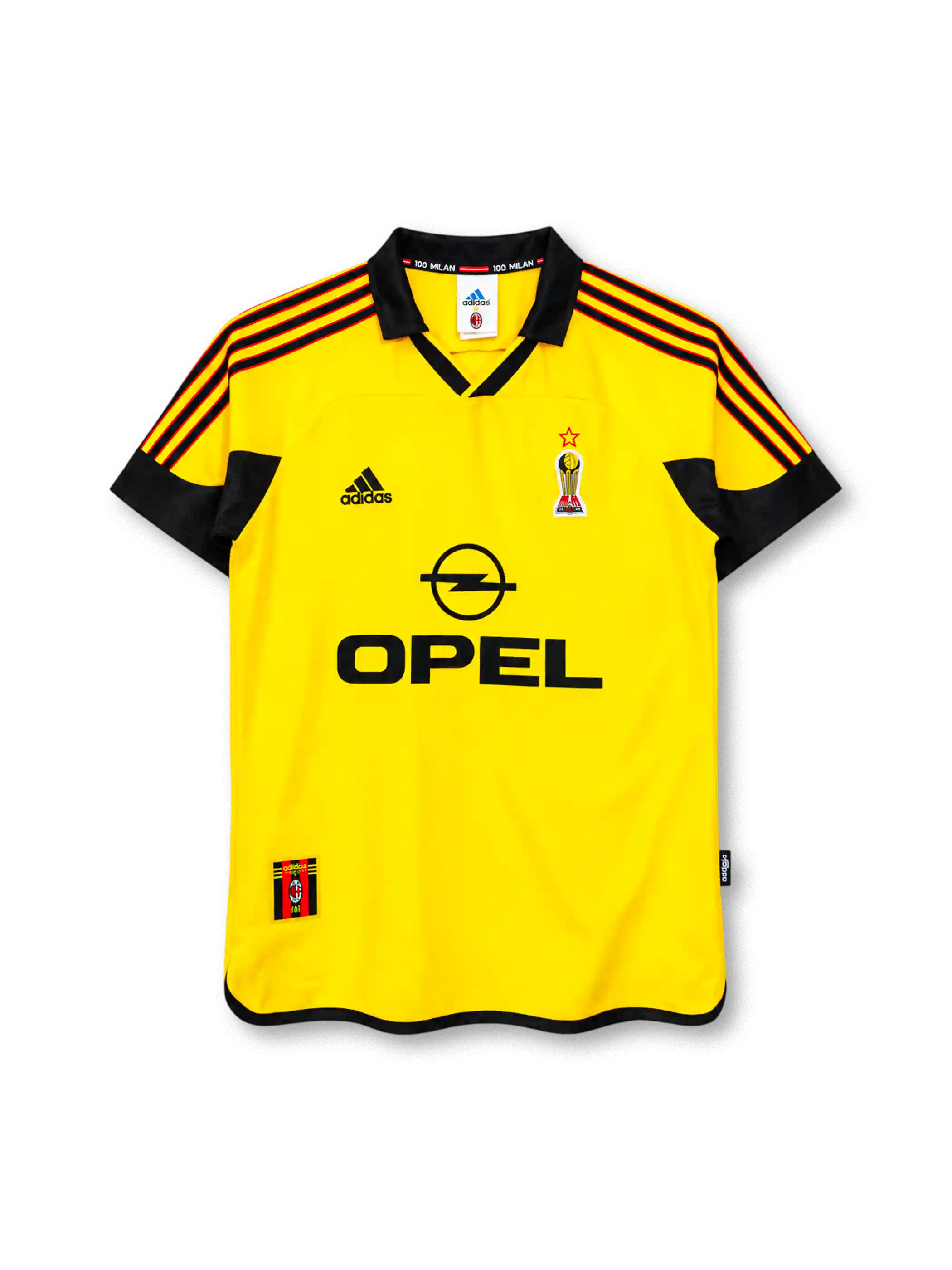 AC Milan 1999-2000 away jersey, front view, yellow body with black red striped shoulders, centenary emblem badge, adidas logo, Opel sponsor logo, 100 Milan collar text