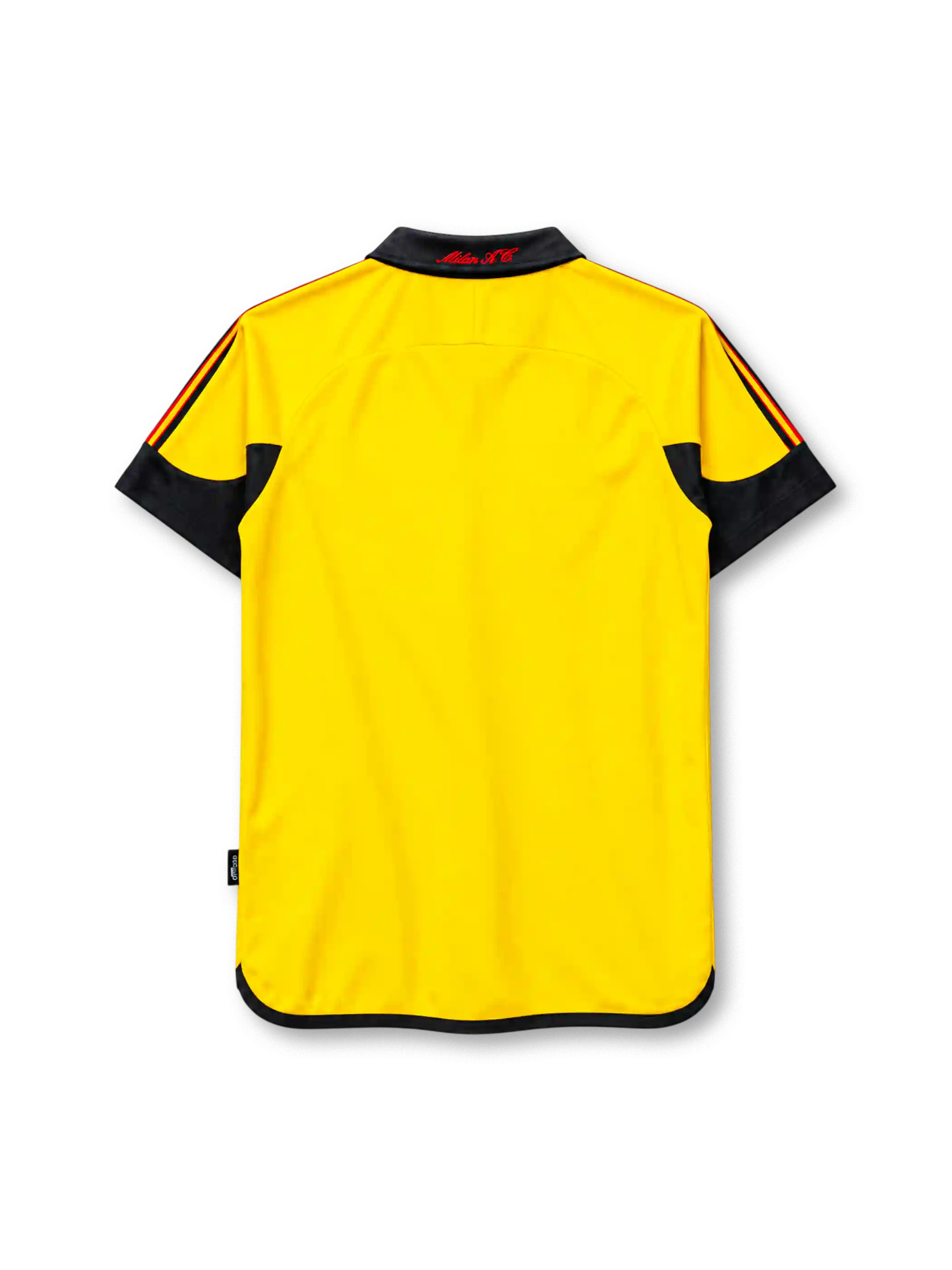 AC Milan 1999-2000 away jersey, front view, yellow body with black red striped shoulders, centenary emblem badge, adidas logo, Opel sponsor logo, 100 Milan collar text