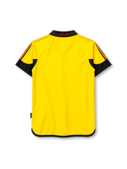 AC Milan 1999-2000 away jersey, front view, yellow body with black red striped shoulders, centenary emblem badge, adidas logo, Opel sponsor logo, 100 Milan collar text