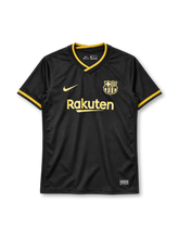 FC Barcelona 2020-21 away jersey, front view, black body with gold trim, Nike swoosh, Rakuten sponsor logo, club crest