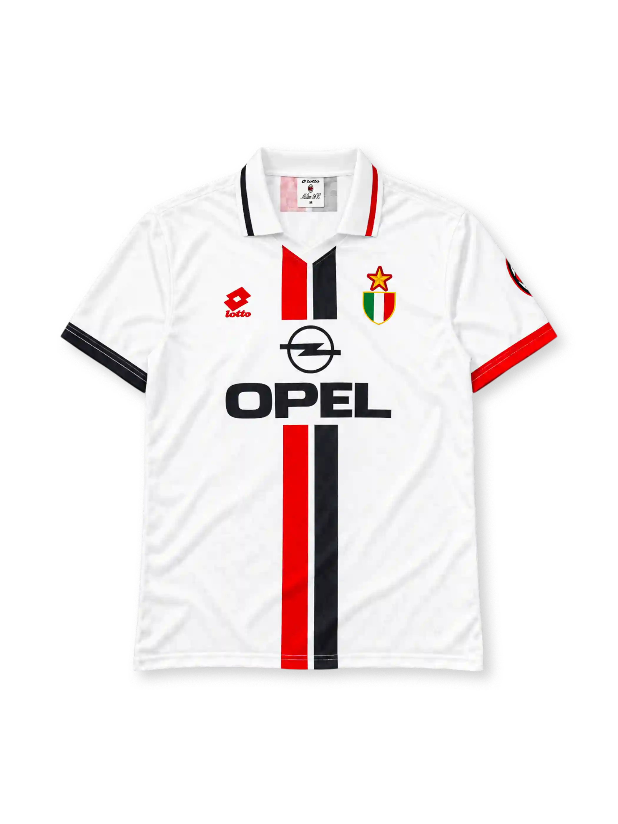 AC Milan 1996-97 away jersey, front view, white body with central red and black stripe, striped collar, Lotto logo, Opel sponsor logo, Scudetto shield