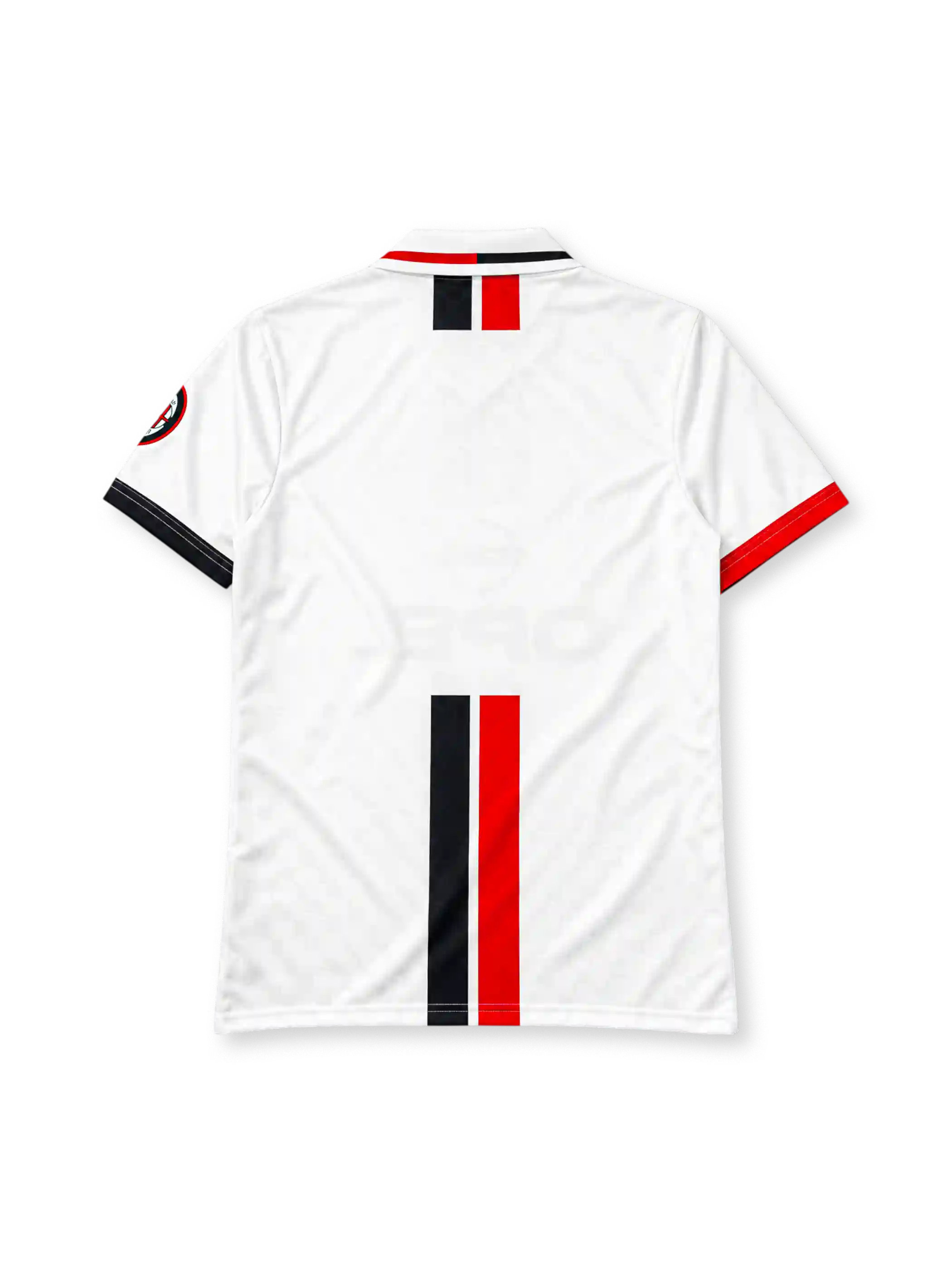 AC Milan 1996-97 away jersey, front view, white body with central red and black stripe, striped collar, Lotto logo, Opel sponsor logo, Scudetto shield