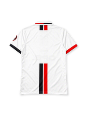 AC Milan 1996-97 away jersey, front view, white body with central red and black stripe, striped collar, Lotto logo, Opel sponsor logo, Scudetto shield