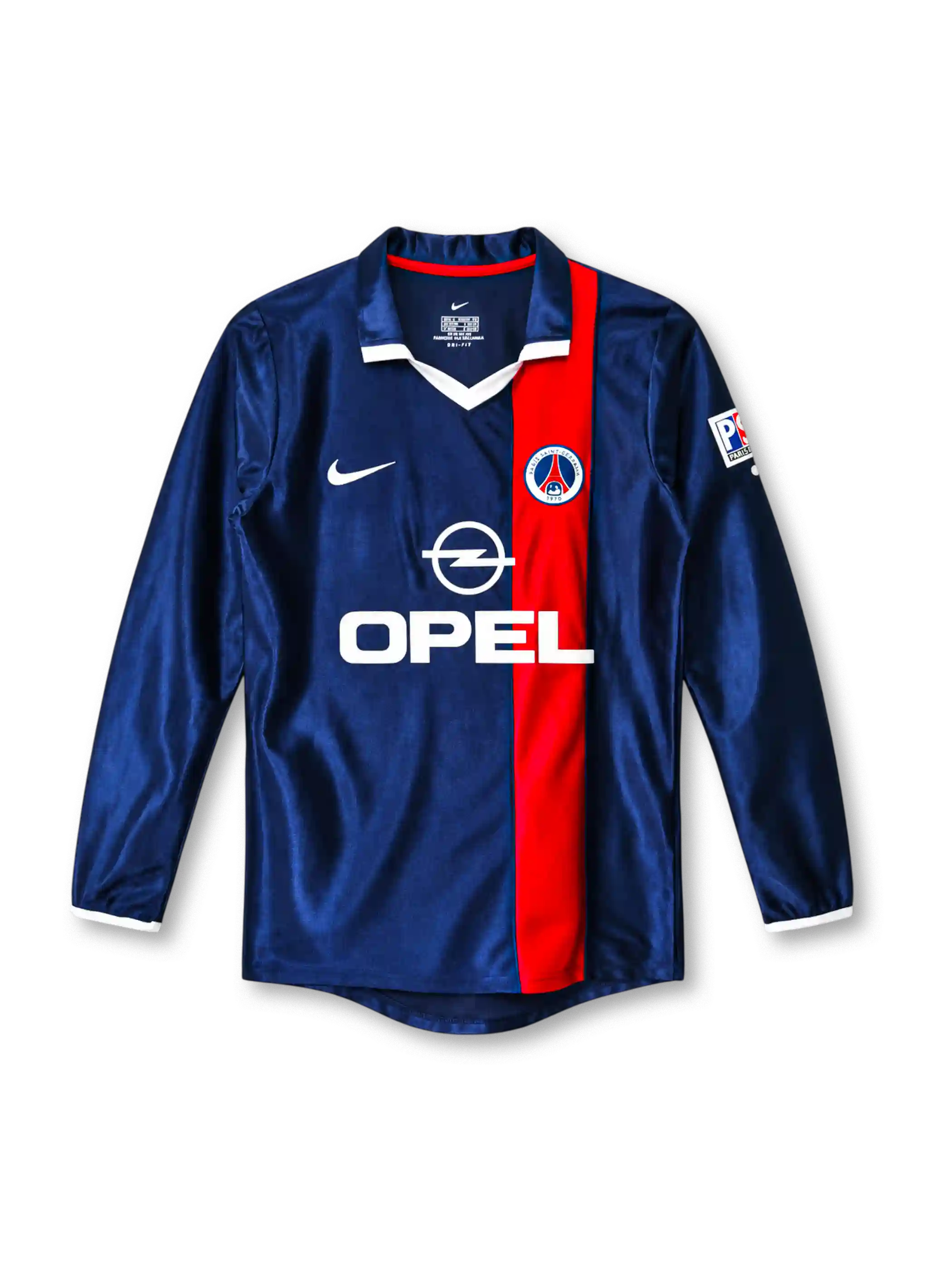 Paris Saint-Germain 2001-02 long-sleeve home jersey, front view, navy body with red vertical stripe, white collar trim, Nike swoosh, Opel sponsor logo, club crest