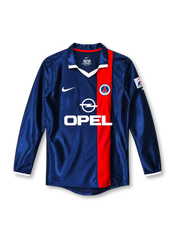 Paris Saint-Germain 2001-02 long-sleeve home jersey, front view, navy body with red vertical stripe, white collar trim, Nike swoosh, Opel sponsor logo, club crest