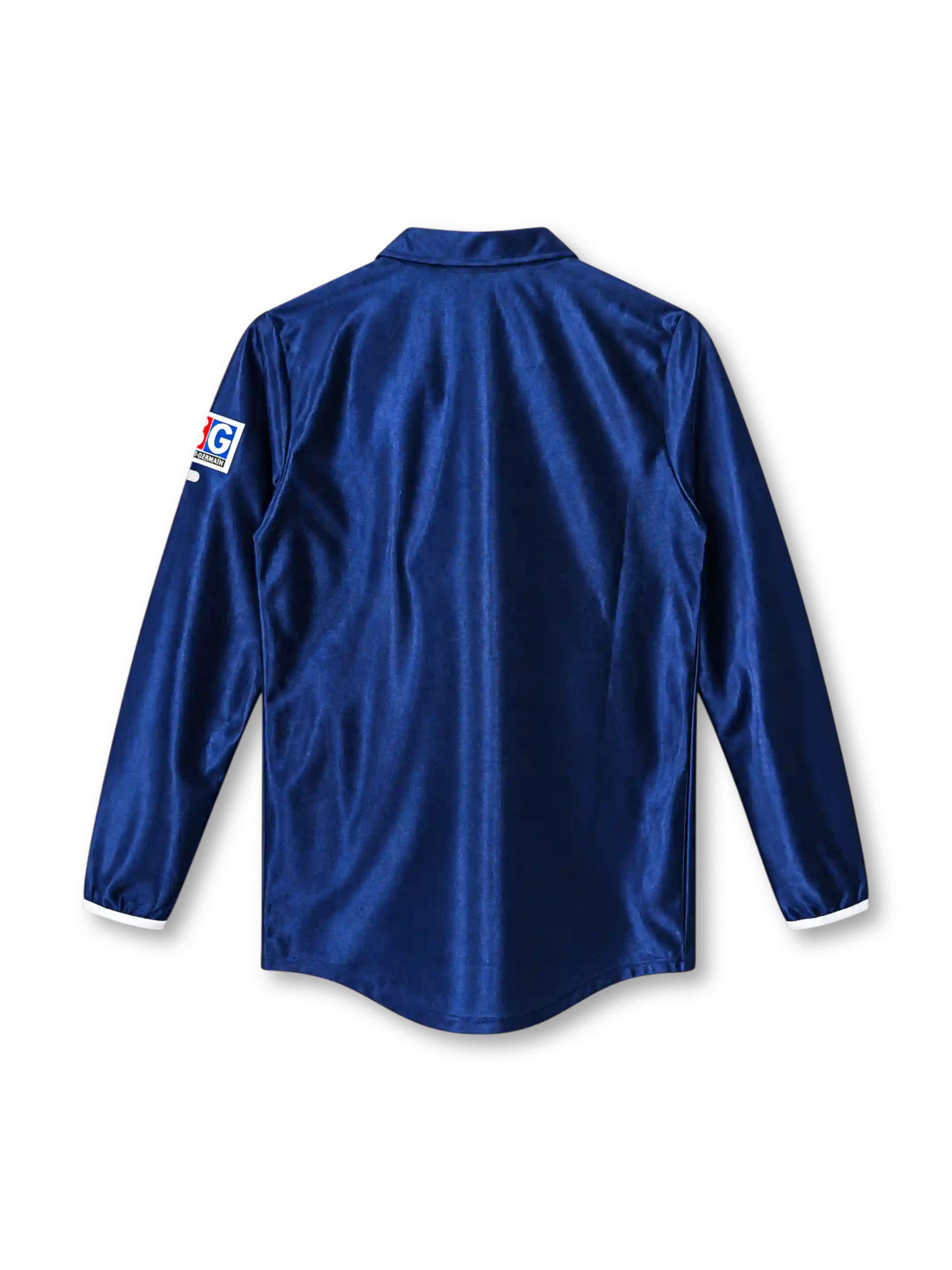 Paris Saint-Germain 2001-02 long-sleeve home jersey, front view, navy body with red vertical stripe, white collar trim, Nike swoosh, Opel sponsor logo, club crest