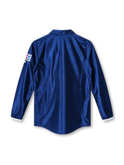 Paris Saint-Germain 2001-02 long-sleeve home jersey, front view, navy body with red vertical stripe, white collar trim, Nike swoosh, Opel sponsor logo, club crest