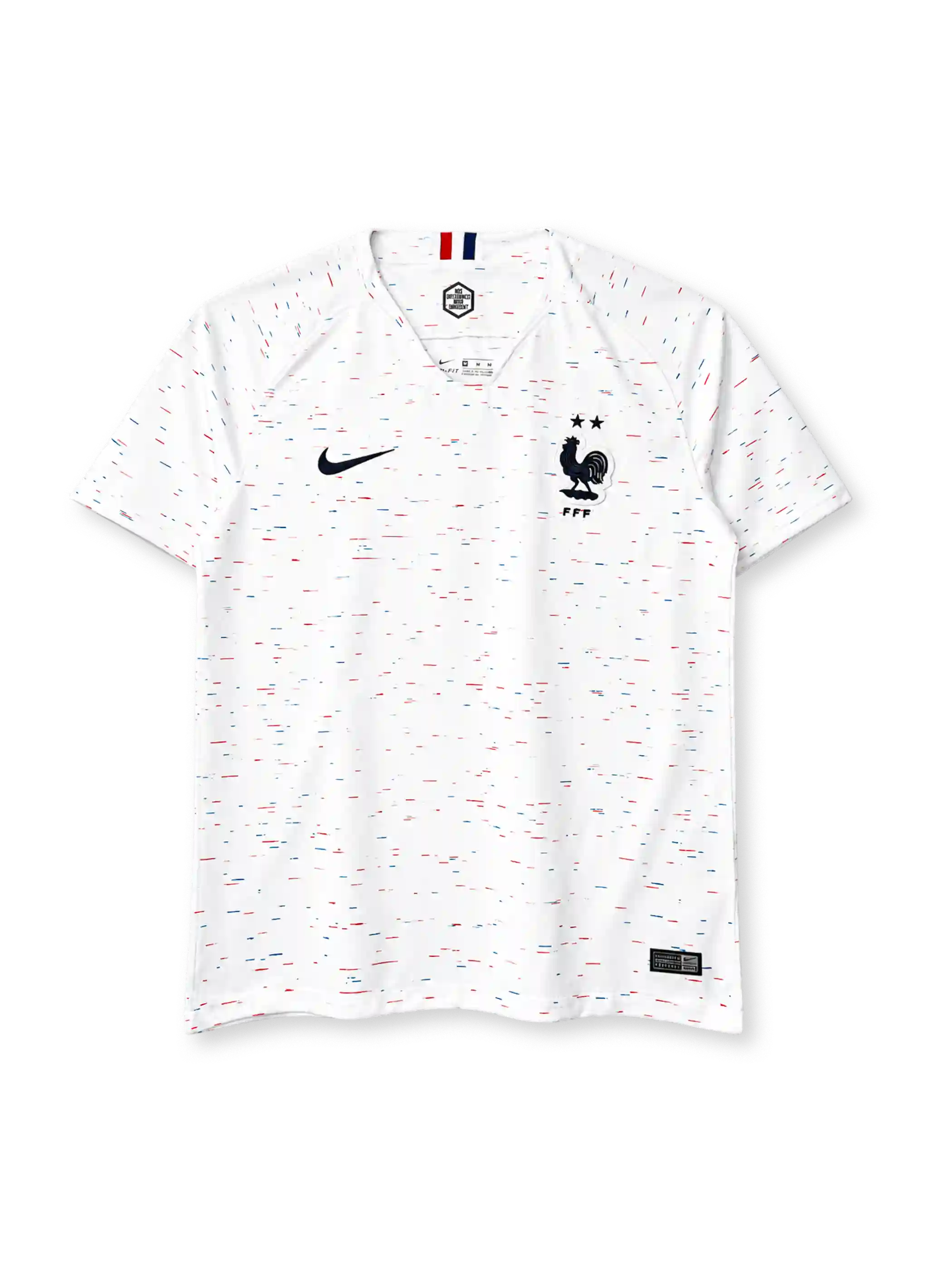 France 2018 World Cup Champions away jersey, front view, white body with red white and blue confetti print, navy collar, Nike swoosh, FFF crest with two stars