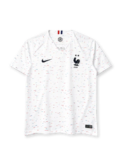 France 2018 World Cup Champions away jersey, front view, white body with red white and blue confetti print, navy collar, Nike swoosh, FFF crest with two stars