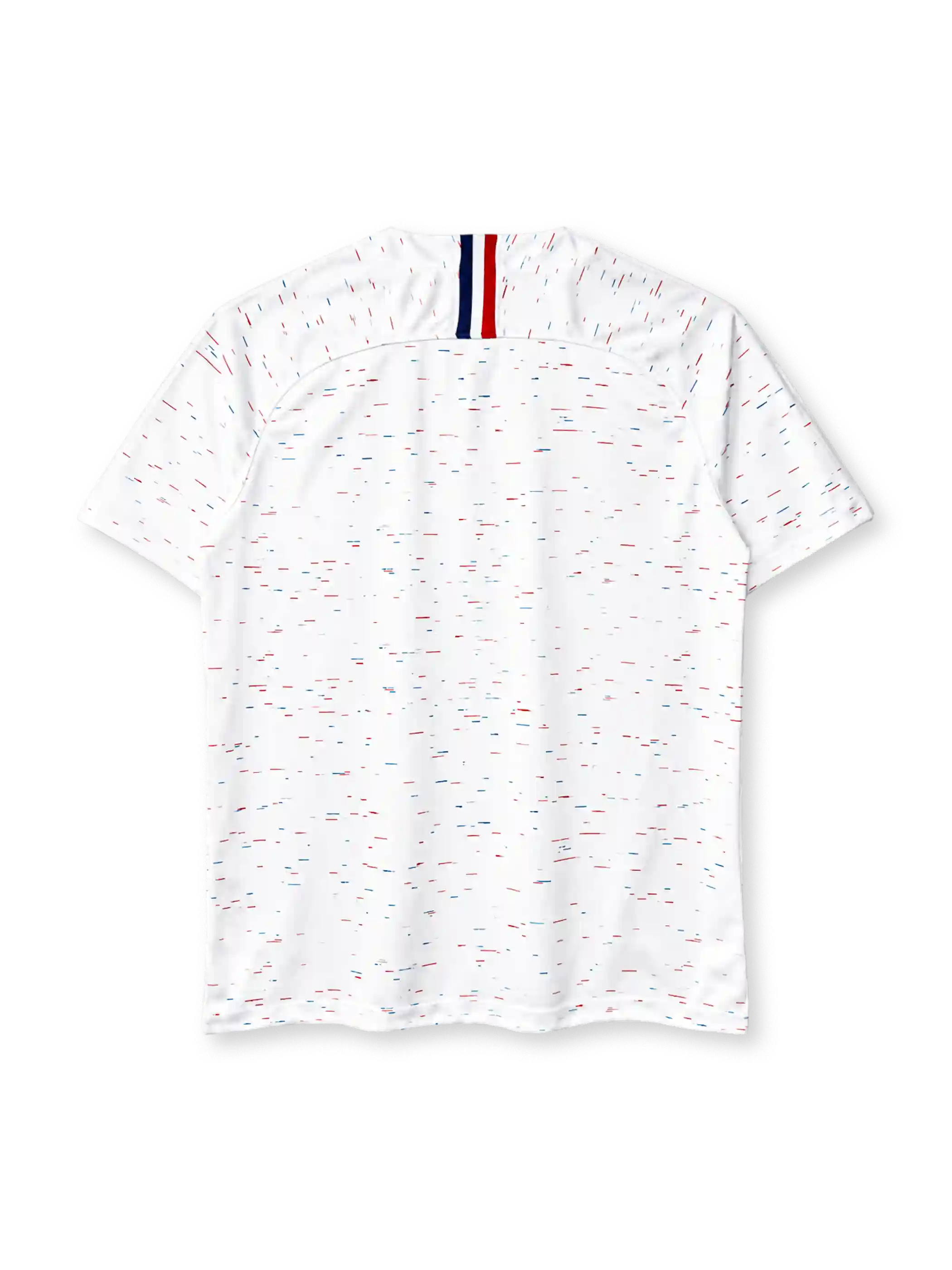 France 2018 World Cup Champions away jersey, front view, white body with red white and blue confetti print, navy collar, Nike swoosh, FFF crest with two stars