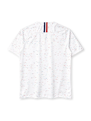 France 2018 World Cup Champions away jersey, front view, white body with red white and blue confetti print, navy collar, Nike swoosh, FFF crest with two stars