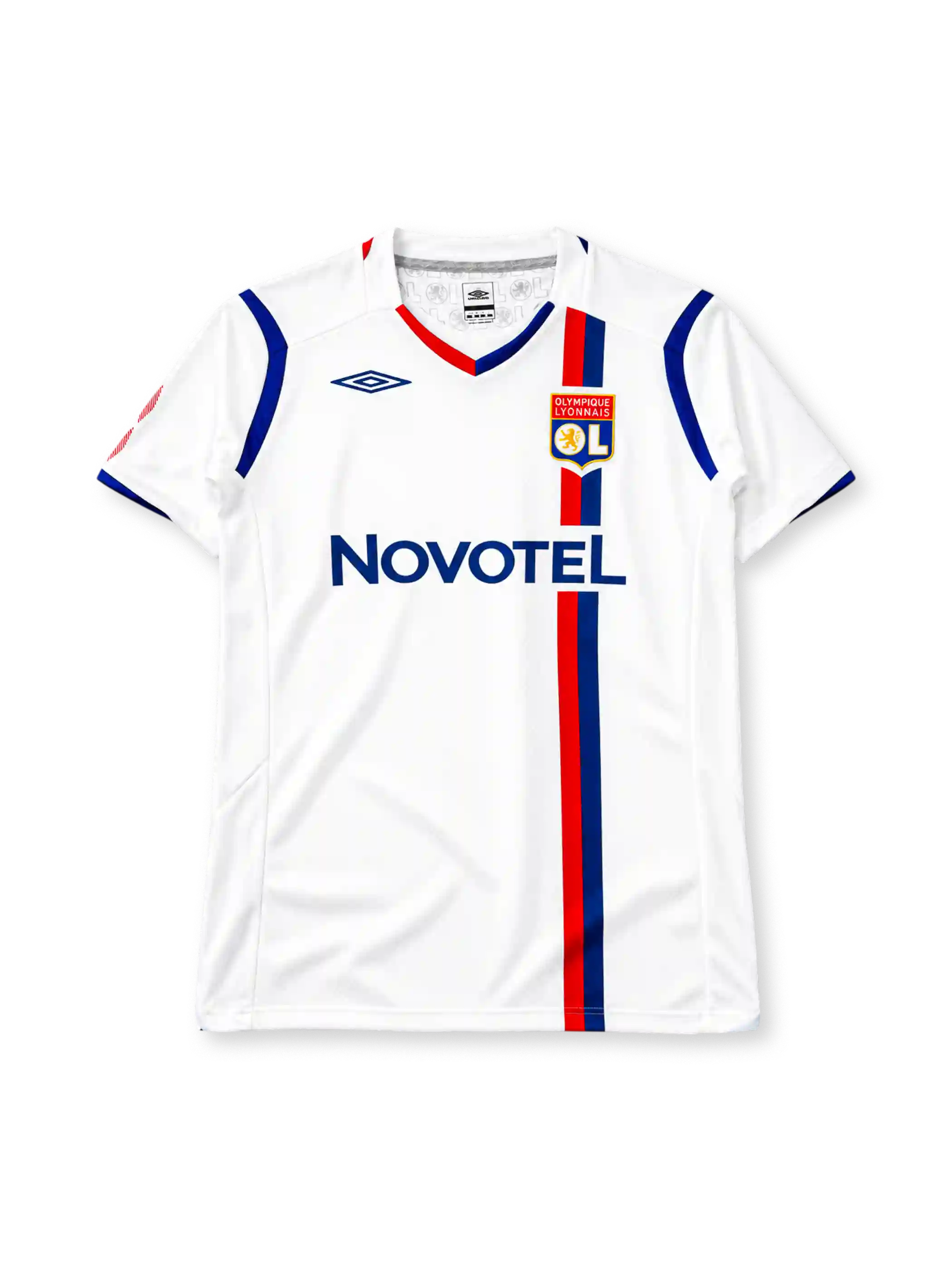 Olympique Lyonnais 2008-09 home jersey, front view, white body with red and blue vertical stripe, Umbro logo, Novotel sponsor logo, club crest