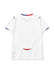 Olympique Lyonnais 2008-09 home jersey, front view, white body with red and blue vertical stripe, Umbro logo, Novotel sponsor logo, club crest
