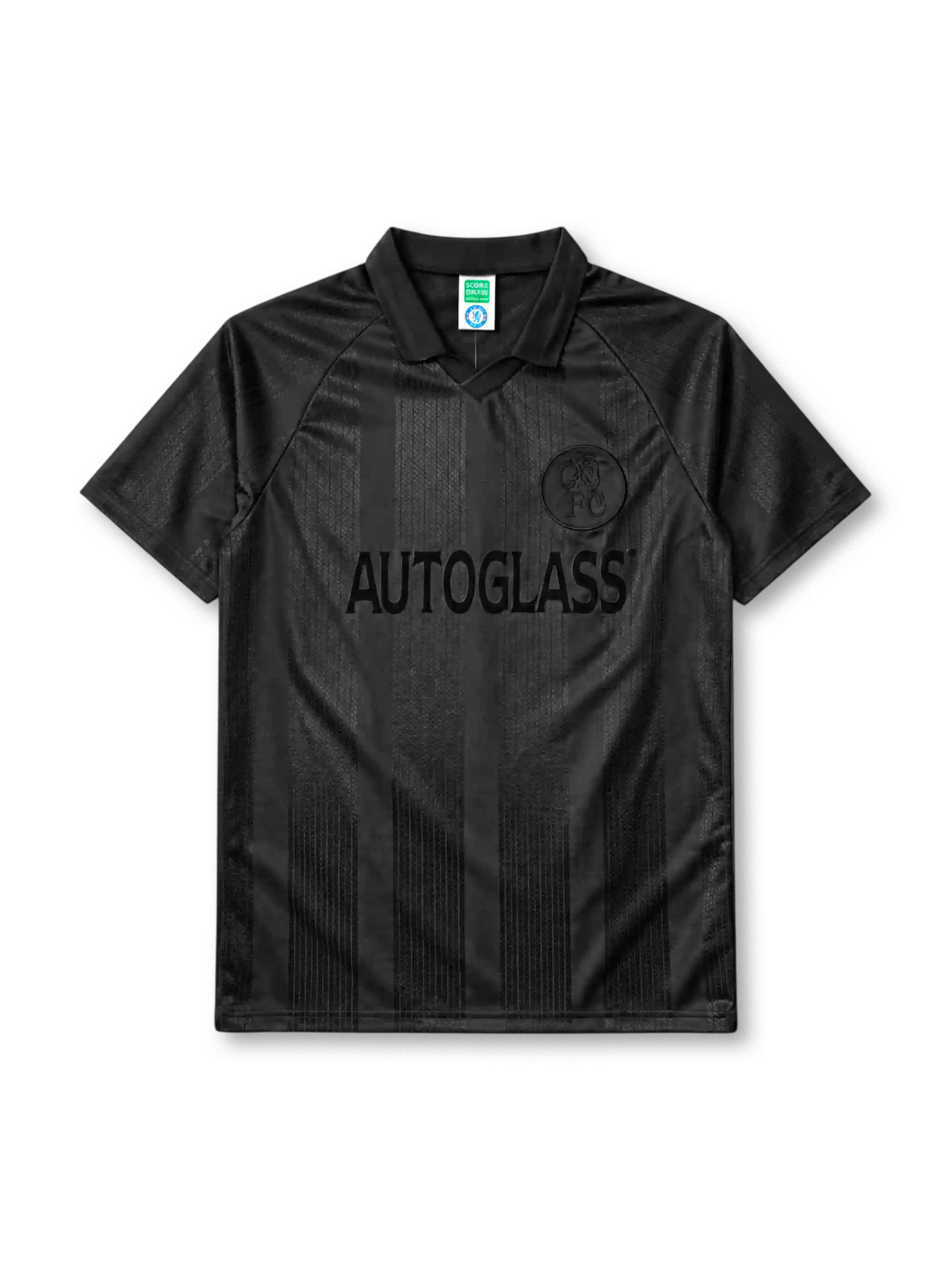 Chelsea 1998-99 blackout third jersey, front view, all-black tonal jacquard pattern, embossed club crest, embossed Autoglass sponsor logo