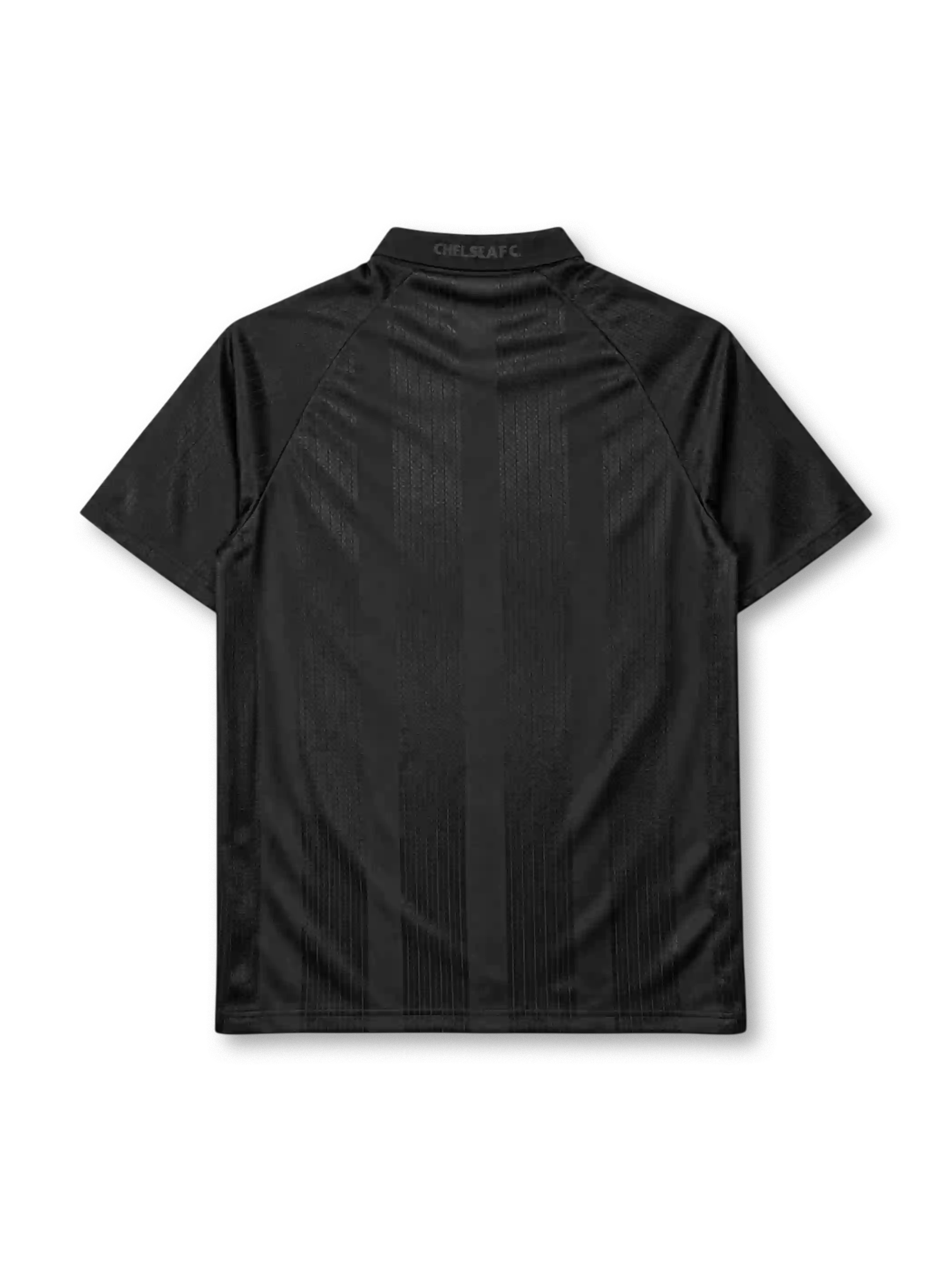Chelsea 1998-99 blackout third jersey, front view, all-black tonal jacquard pattern, embossed club crest, embossed Autoglass sponsor logo