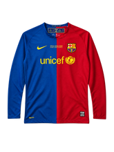 FC Barcelona 2008-09 long-sleeve Champions League final jersey, front view, blue and red split body, Final Roma 2009 text, Nike swoosh, Unicef sponsor logo, club crest