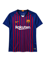 FC Barcelona 2018-19 home jersey, front view, blue and red vertical stripes, navy collar with Catalan flag detail, Nike swoosh, Rakuten sponsor logo, club crest