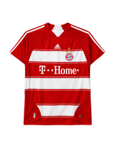Bayern Munich 2007-08 home jersey, front view, red and white horizontal stripes, white shoulder stripes, adidas logo, T-Home sponsor logo, club crest with three stars