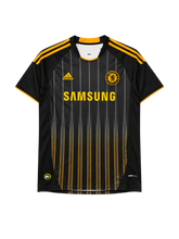 Chelsea 2010-11 away jersey, front view, black body with fading gold pinstripes, gold shoulder stripes, adidas logo, Samsung sponsor logo, club crest