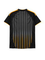 Chelsea 2010-11 away jersey, front view, black body with fading gold pinstripes, gold shoulder stripes, adidas logo, Samsung sponsor logo, club crest