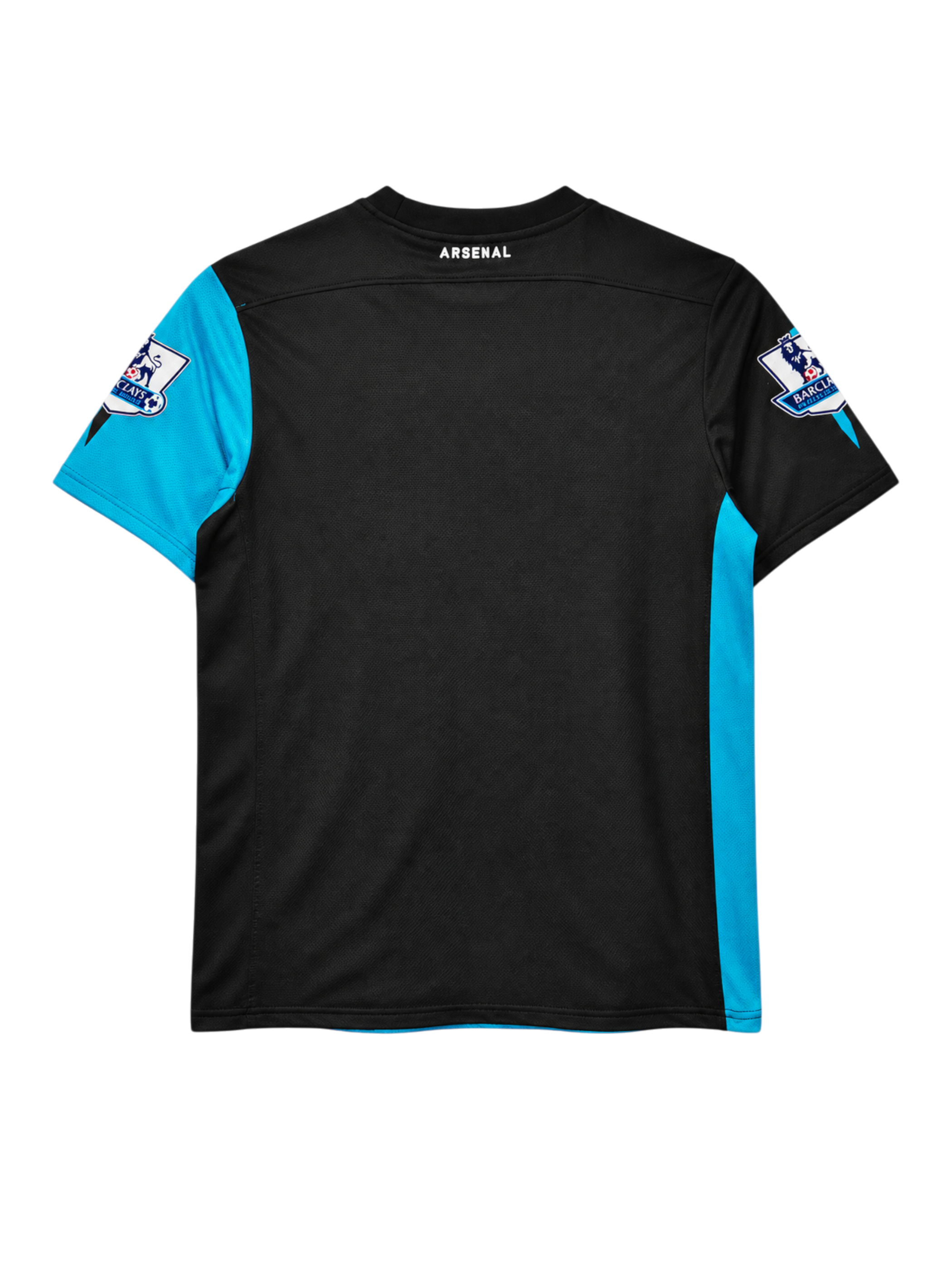 Arsenal 2011-12 away jersey, front view, black and sky blue diagonal split, Nike swoosh, Fly Emirates sponsor logo, 125th anniversary crest, Premier League sleeve patches