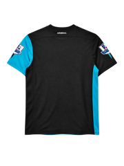 Arsenal 2011-12 away jersey, front view, black and sky blue diagonal split, Nike swoosh, Fly Emirates sponsor logo, 125th anniversary crest, Premier League sleeve patches