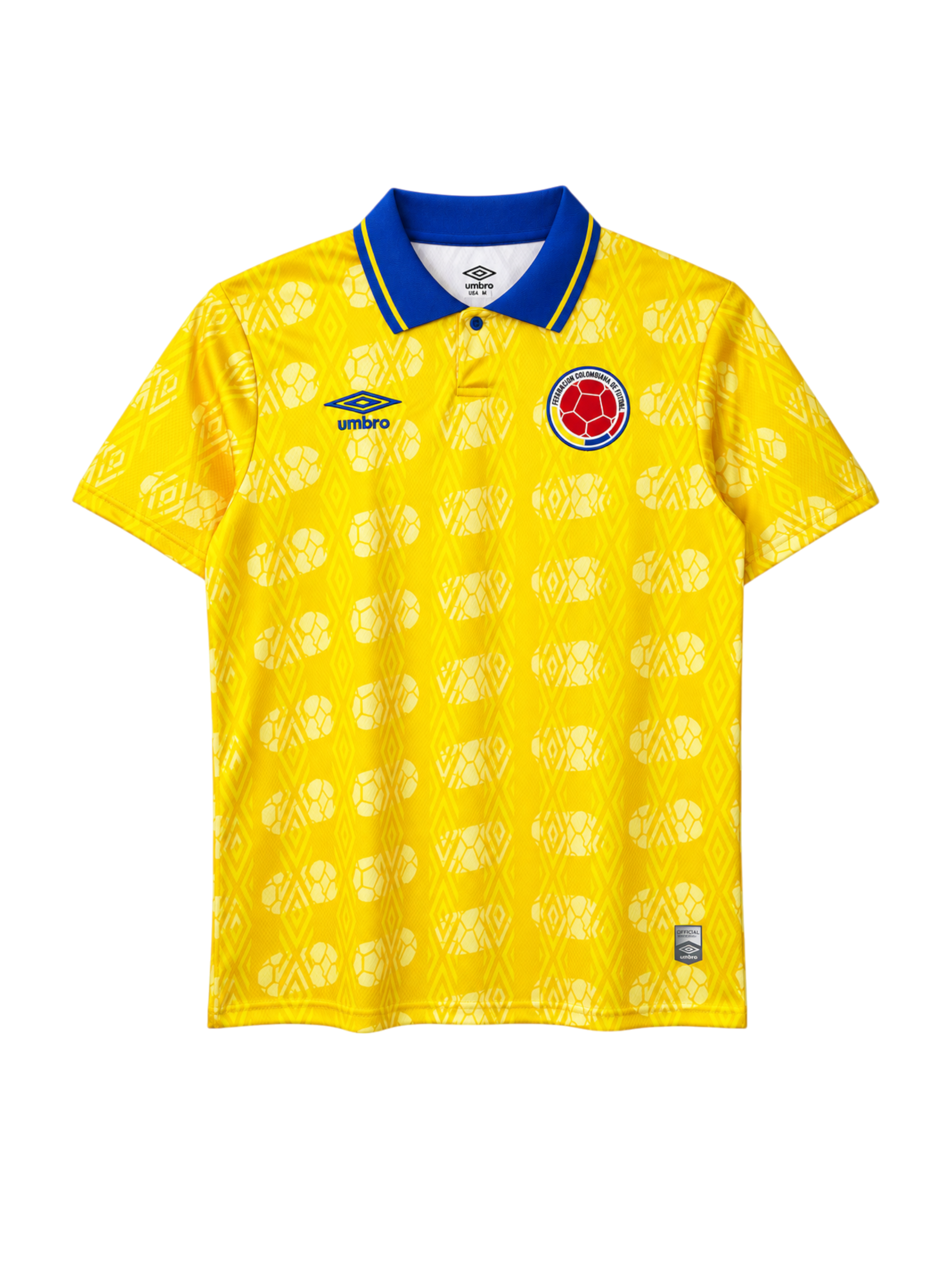 Colombia 1994 World Cup home jersey, front view, yellow body with football pattern, blue polo collar, Umbro logo, Colombian federation crest