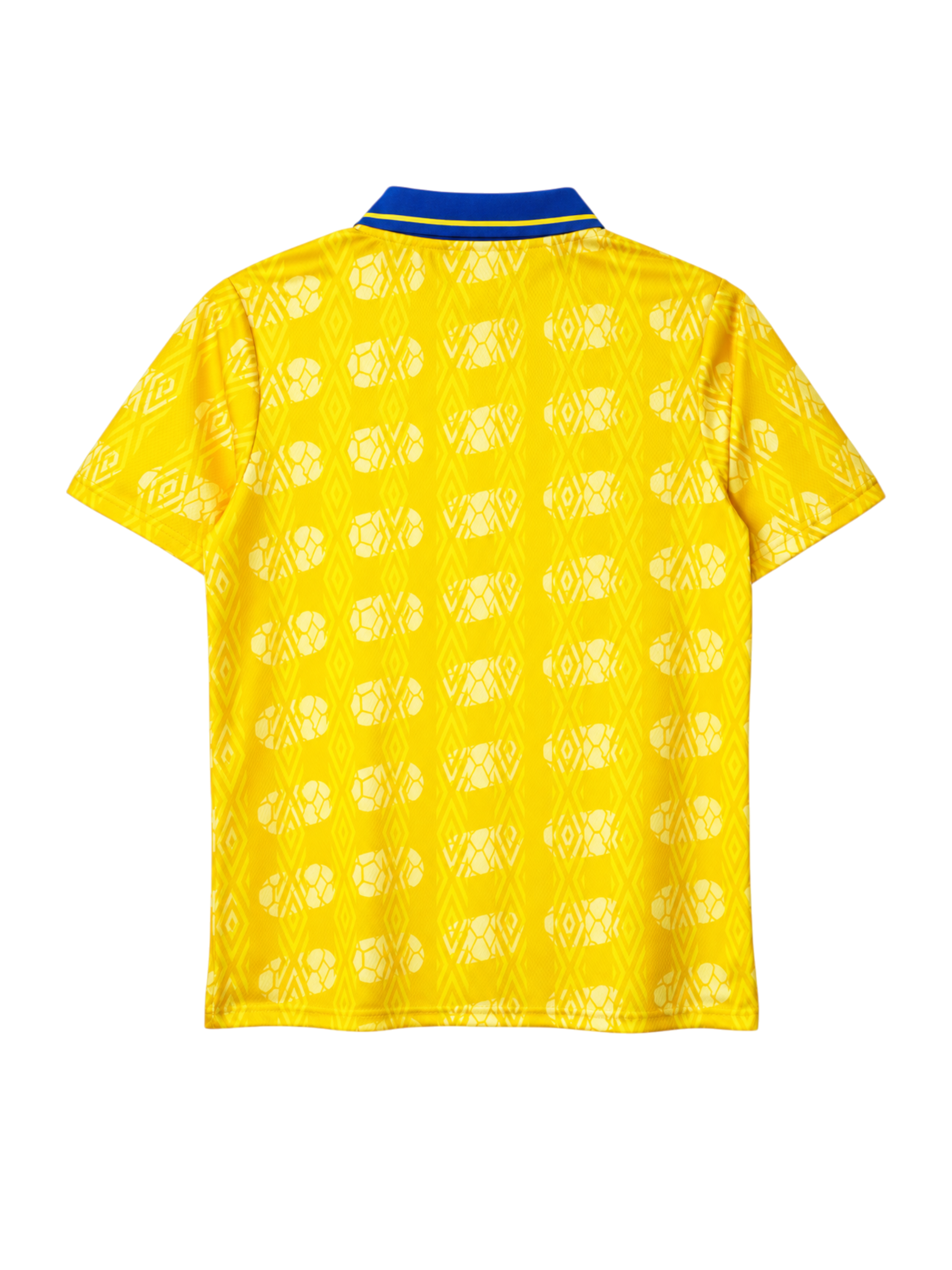 Colombia 1994 World Cup home jersey, front view, yellow body with football pattern, blue polo collar, Umbro logo, Colombian federation crest
