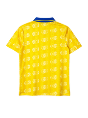 Colombia 1994 World Cup home jersey, front view, yellow body with football pattern, blue polo collar, Umbro logo, Colombian federation crest